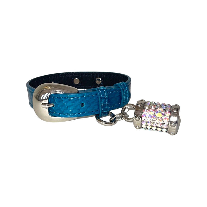 Dark Turquoise XS Snake 7”-14” Collar/Custom Silver Italian Hardware &amp; Swarovski Crystal Charm