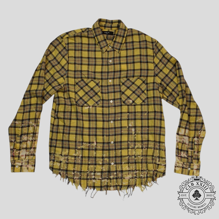 Amiri Splatter Plaid Button Up in Yellow