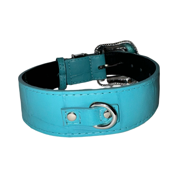 The Tiffany Collection. Gorgeous Turquoise Blue Embossed Croc Italian Leather/Custom Silver Swarovski Crystal Hardware Collar.