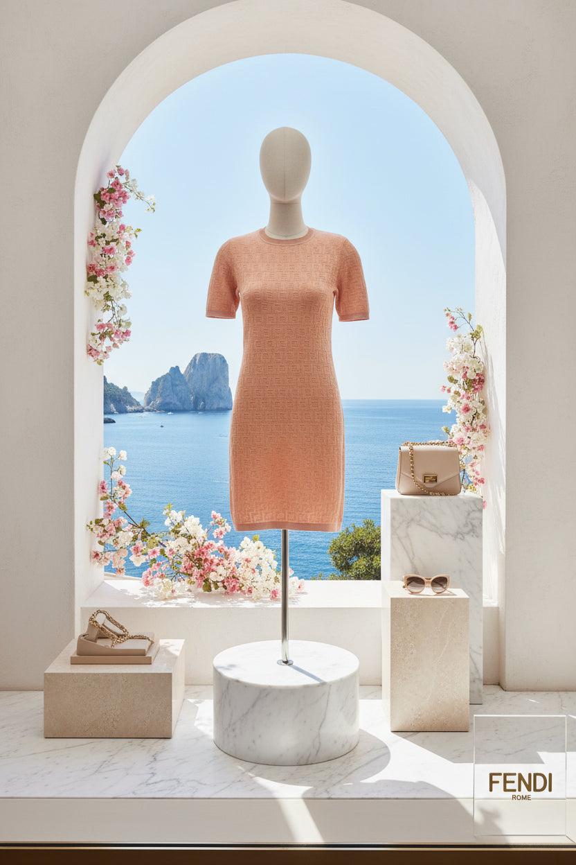 Mannequin wearing a peach dress with Fendi logo in a scenic setting