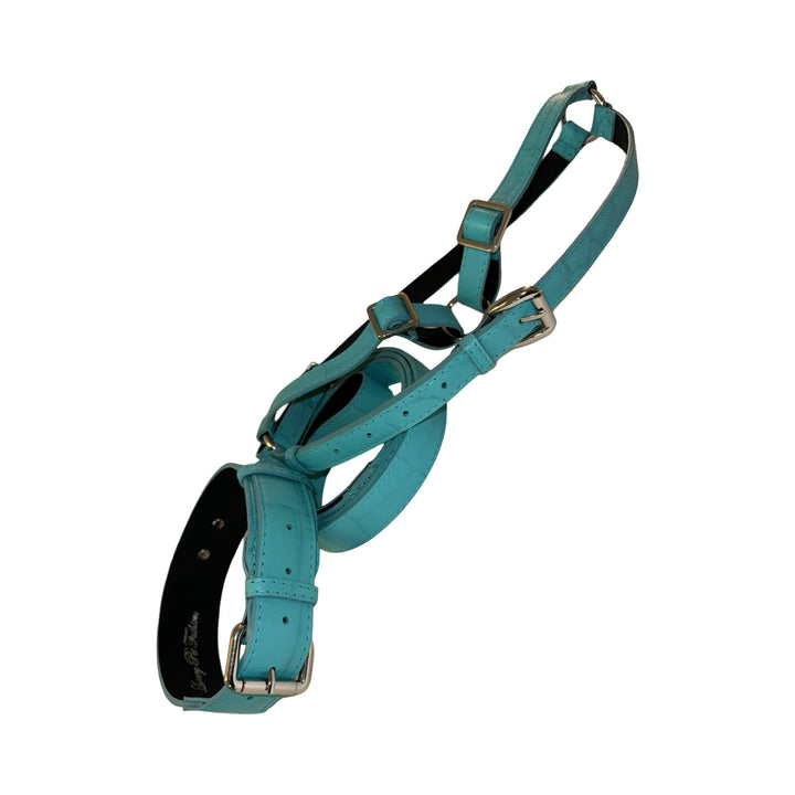 The Tiffany Collection. Gorgeous Turquoise Blue Embossed Croc Italian Leather Collar, Leash &amp; Harness Set, With Our Classic Hardware