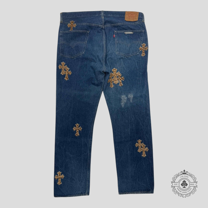 Chrome Hearts Levis Cross Patch Jeans - Flawless dark indigo luxury jeans with unique cross patches.