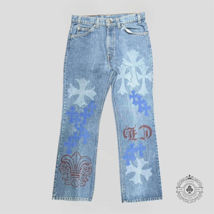 Chrome Hearts Stencil Jeans – Flawless blue jeans with authentic cross patch and rare design, perfect for luxury fashion.