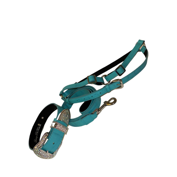 The Tiffany Collection. Gorgeous Turquoise Blue Embossed Croc Italian Leather Collar, Leash &amp; Harness Set, With Our Custom Swarovski Crystal Hardware