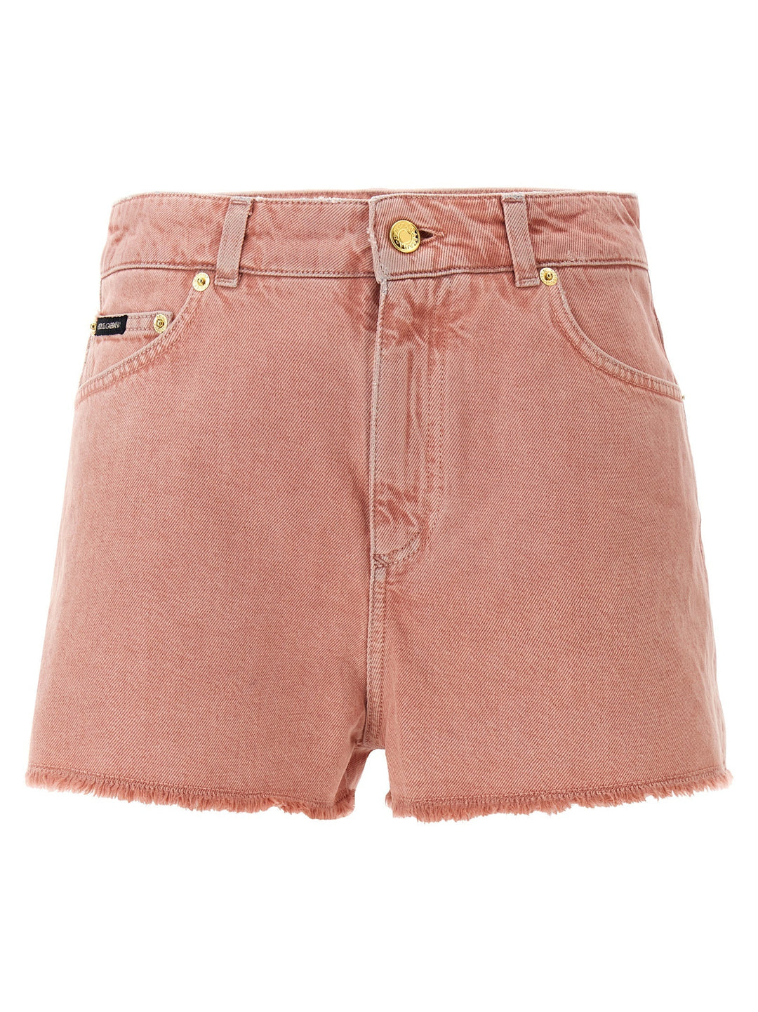 Pink denim shorts on a white background