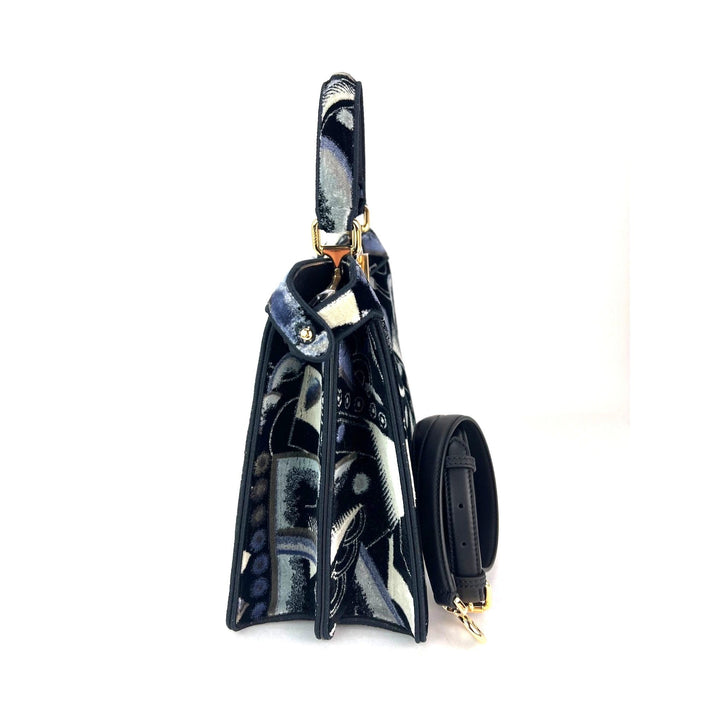 Fendi Peekaboo I see u Medium Printed Velvet Black Blue Satchel Shoulder Bag