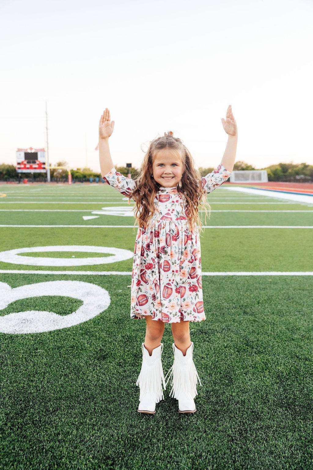 Footballs &amp; Flowers 3/4 Sleeve Pocket Twirl Dress