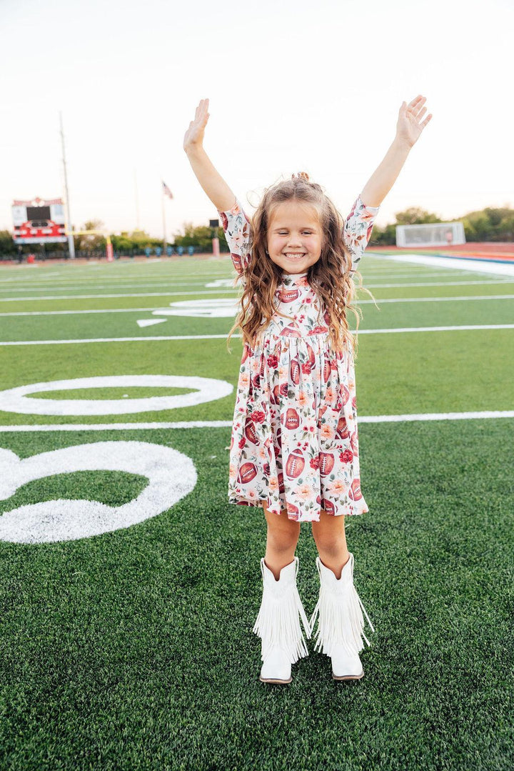 Footballs &amp; Flowers 3/4 Sleeve Pocket Twirl Dress