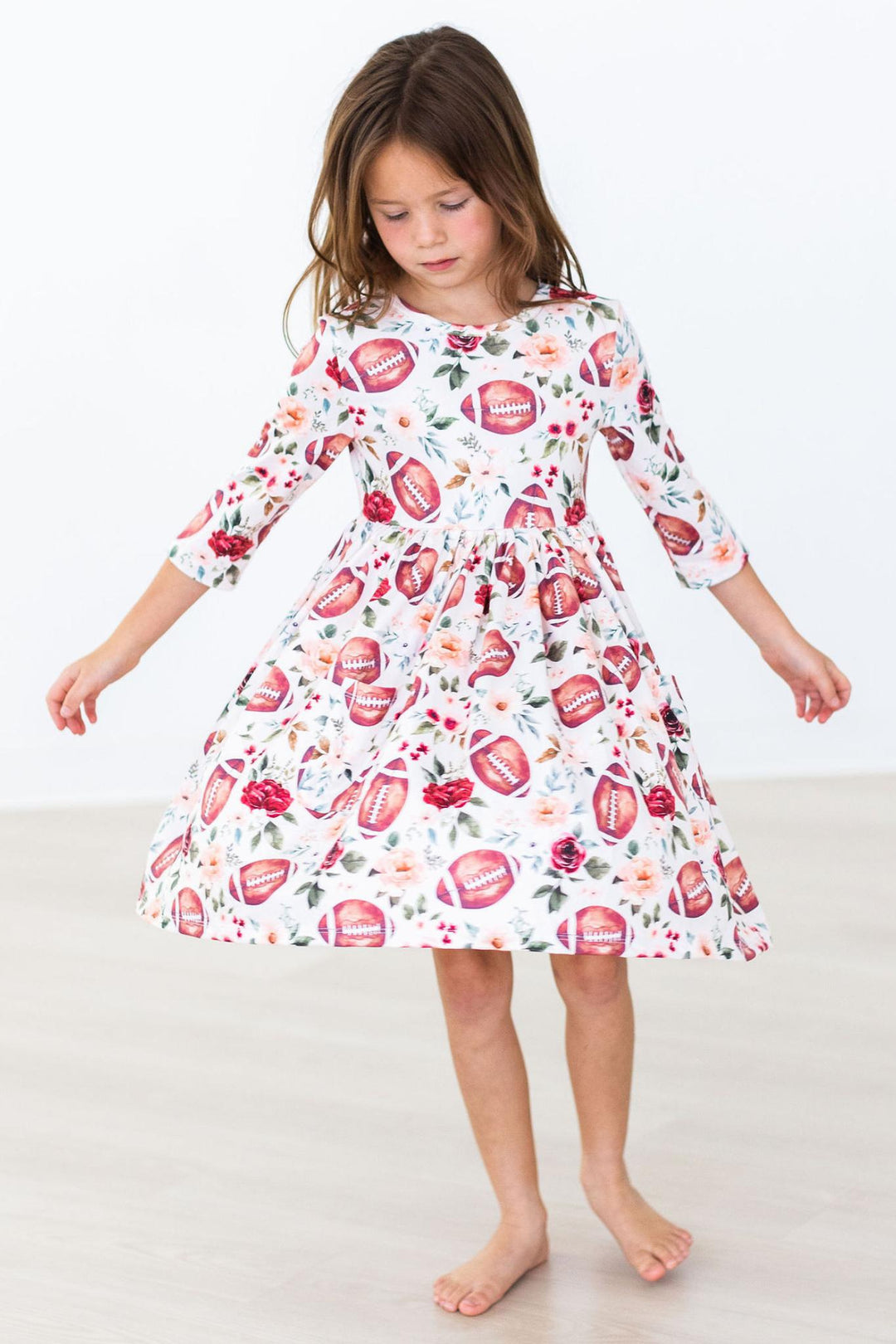 Footballs &amp; Flowers 3/4 Sleeve Pocket Twirl Dress