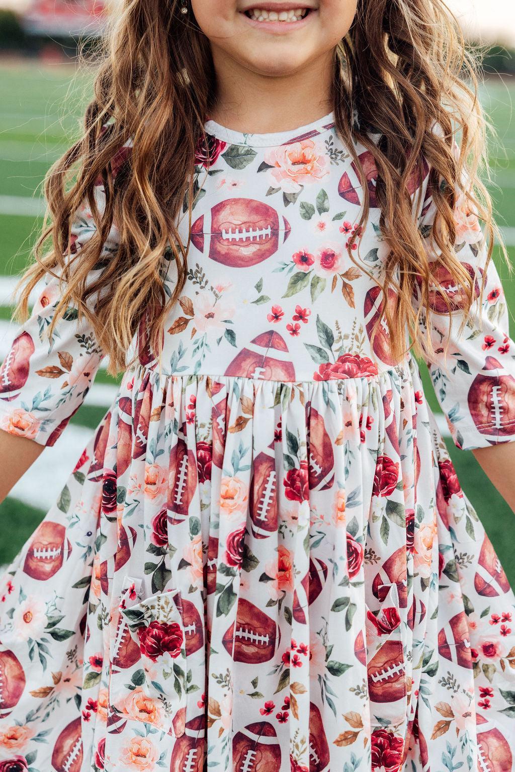Footballs &amp; Flowers 3/4 Sleeve Pocket Twirl Dress
