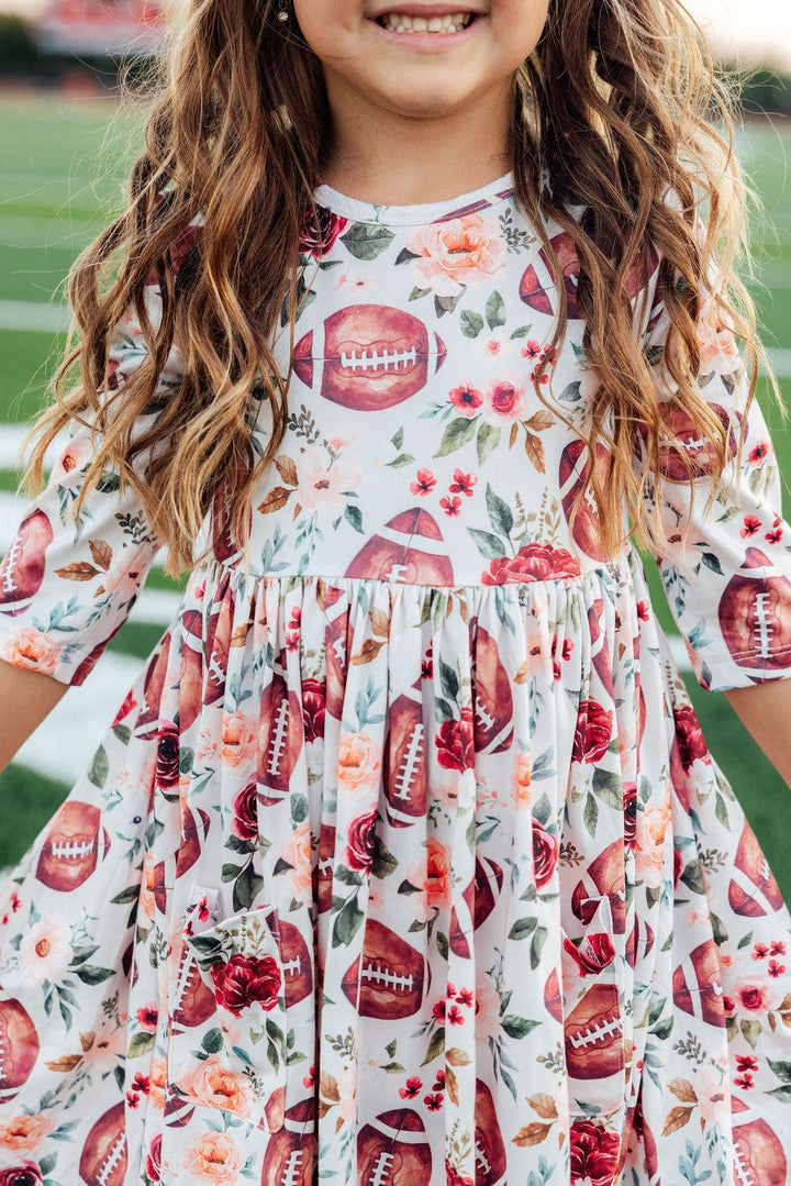 Footballs &amp; Flowers 3/4 Sleeve Pocket Twirl Dress