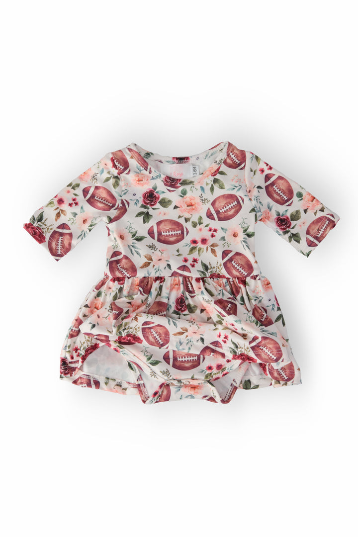 Footballs &amp; Flowers 3/4 Sleeve Twirl Bodysuit