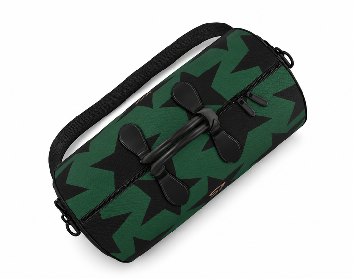 S7 Forest Star duffle bag with black stars on a deep green background