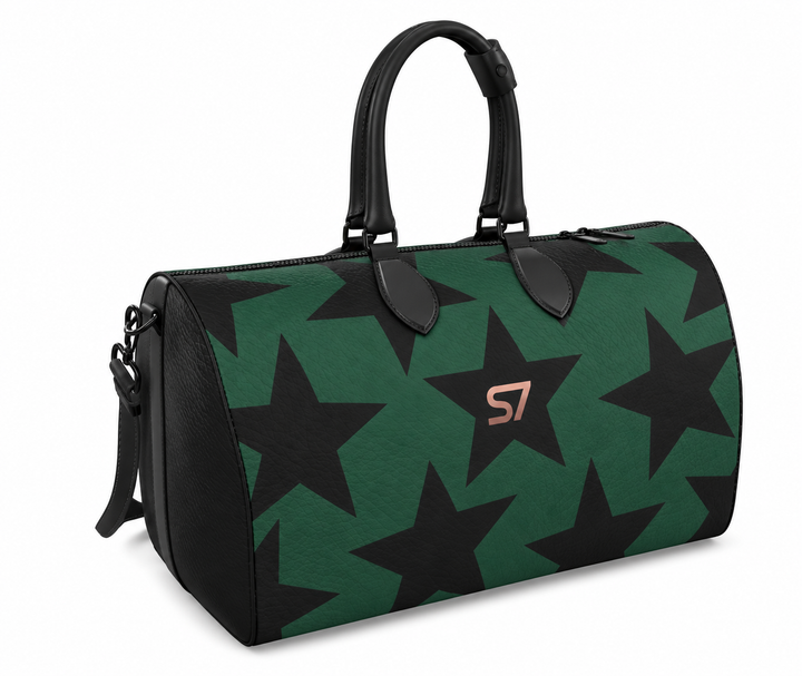 S7 Forest Star duffle bag with black stars on a deep green background