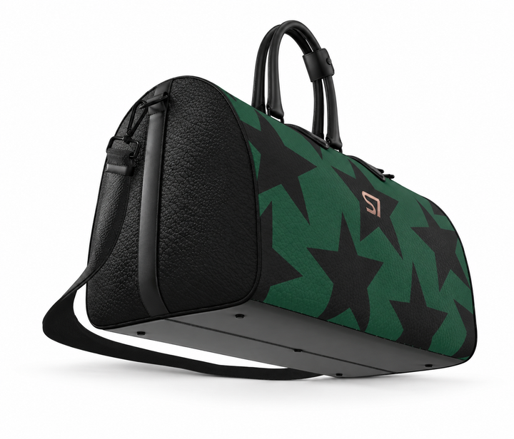 S7 Forest Star duffle bag with black stars on a deep green background