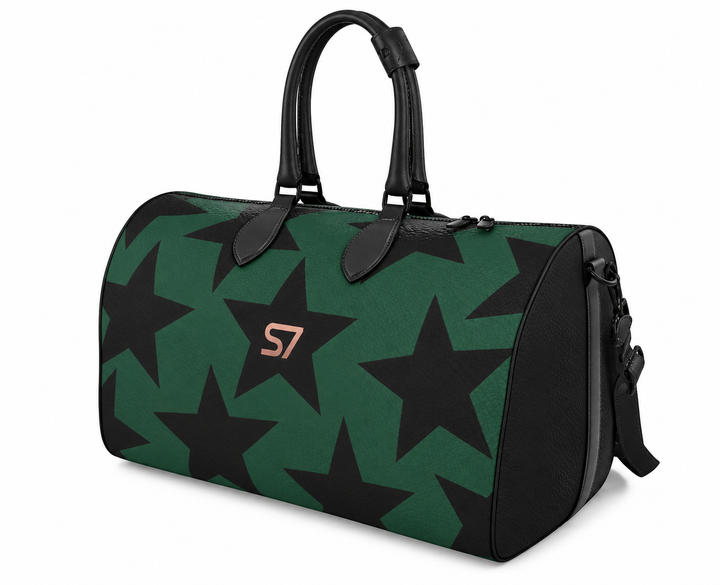 S7 Forest Star duffle bag with black stars on a deep green background