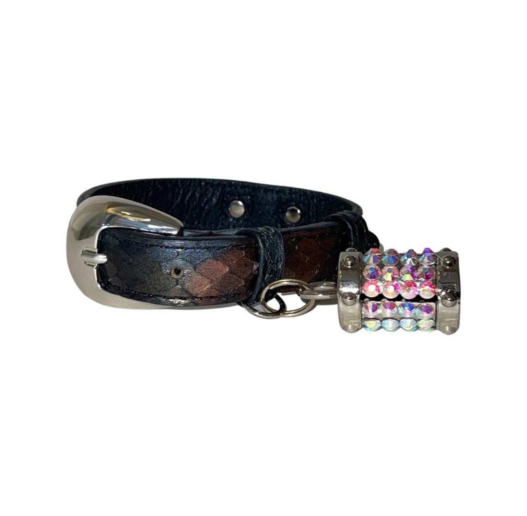 Gun Metal Grey/Bronze/Silver Custom Snake Collar/Custom Silver Oval Italian Hardware &amp; Barrel Swarovski Charm