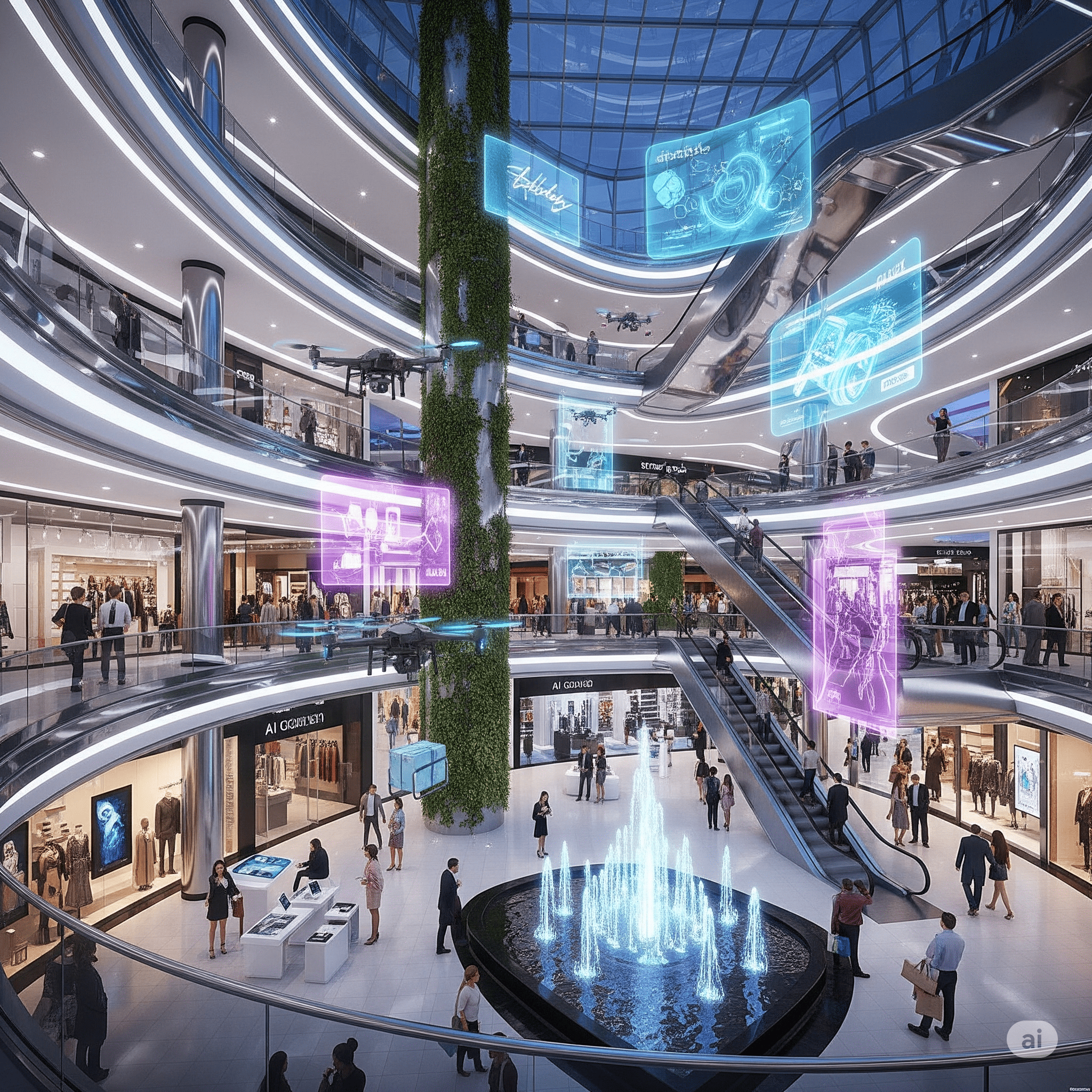 Modern shopping mall with people, escalators, and digital displays.