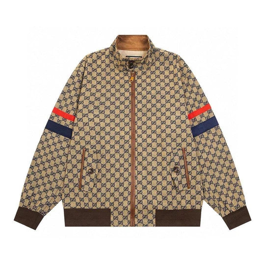 Beige patterned jacket with red and blue accents on a white background