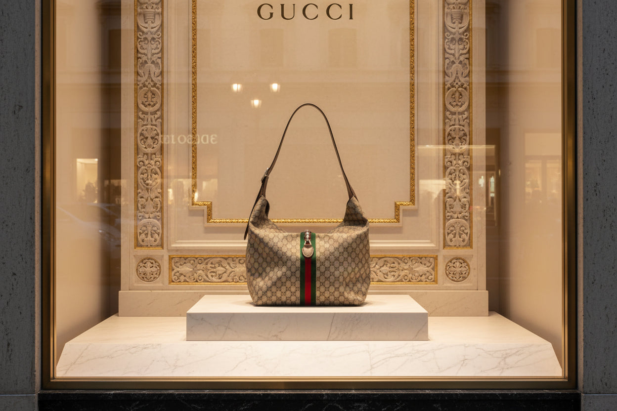 Gucci handbag displayed in a store window with Gucci logo.