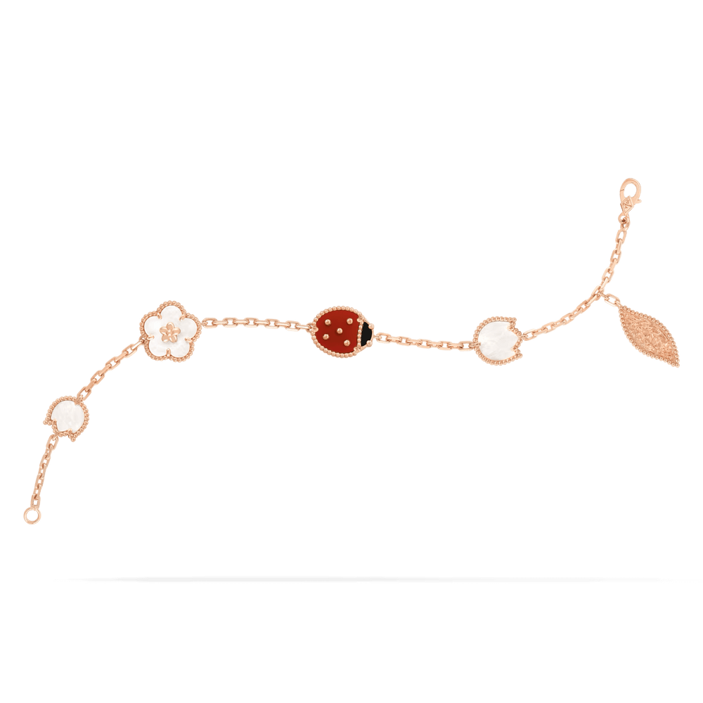 Van Cleef & Arpels Lucky Spring bracelet, 5 motifs 18K rose gold, Carnelian, Mother-of-pearl, Onyx