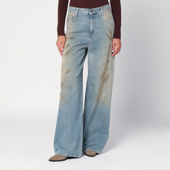 Golden Goose Wide Light Blue Jeans, Sand-Wash Distressed Effect Women