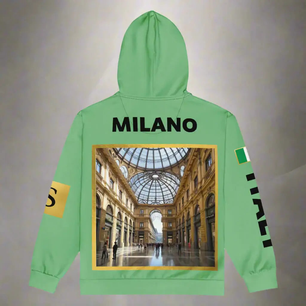 Green hoodie with 'MILANO' text and a cityscape print on the back, on a gray background.