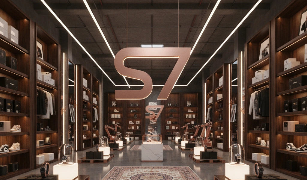 Modern interior design with wooden shelves and 'S7' logo.