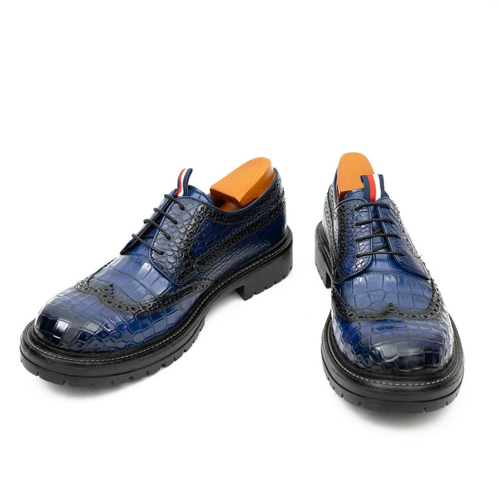 Blue Wingtip Crocodile Leather Derby Shoes