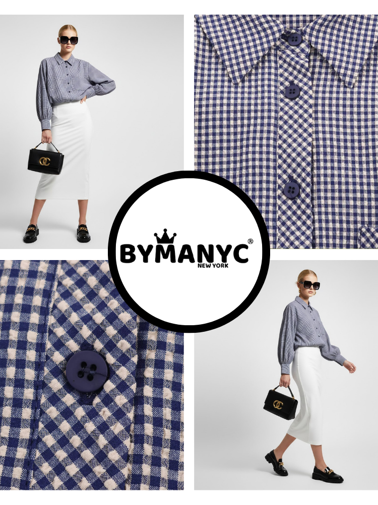 Gingham Check Shirt with Elastic Hem and Puff Sleeves • BYMANYC ® New York