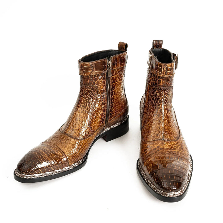 Brown Crocodile Leather Buckle Ankle Boots