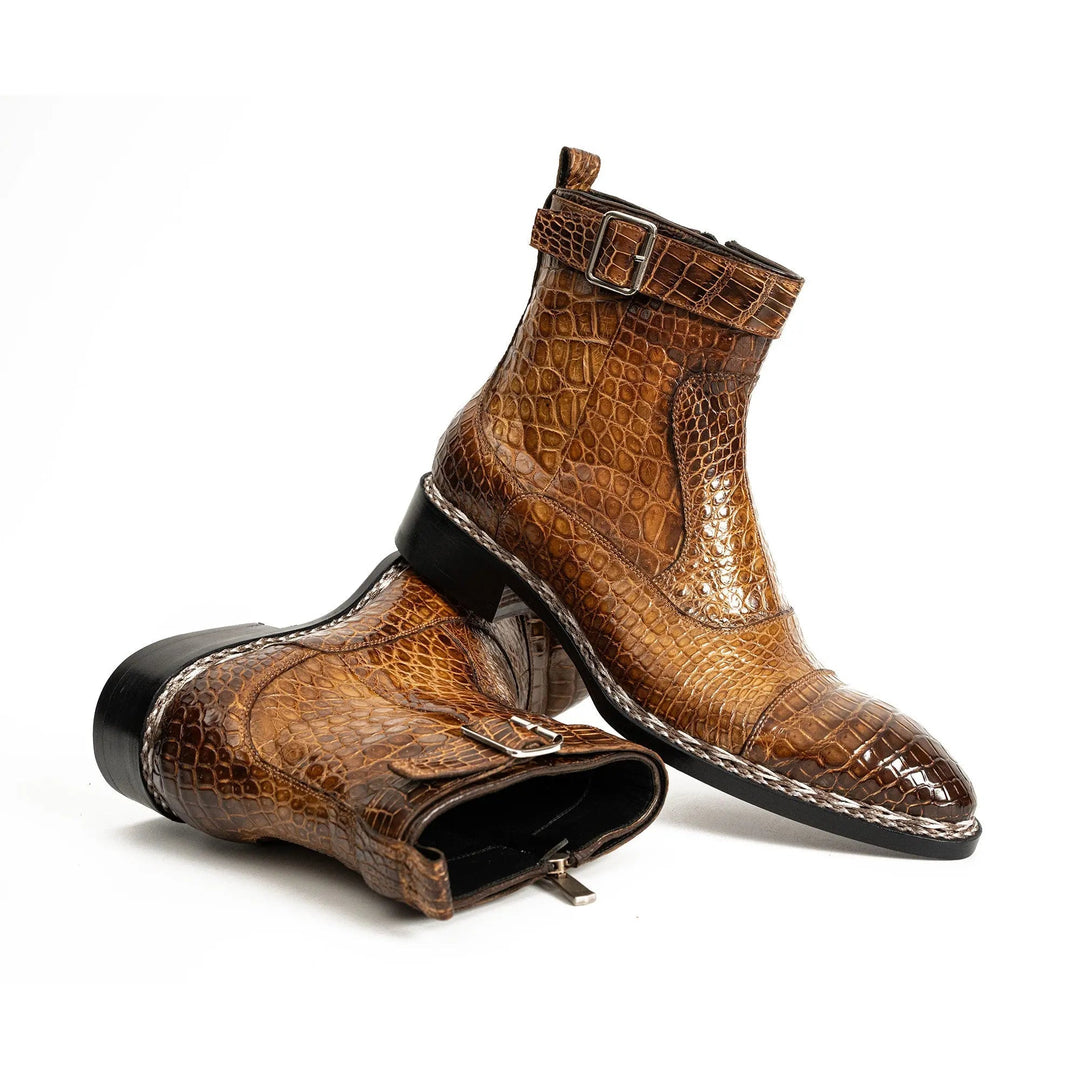 Brown Crocodile Leather Buckle Ankle Boots