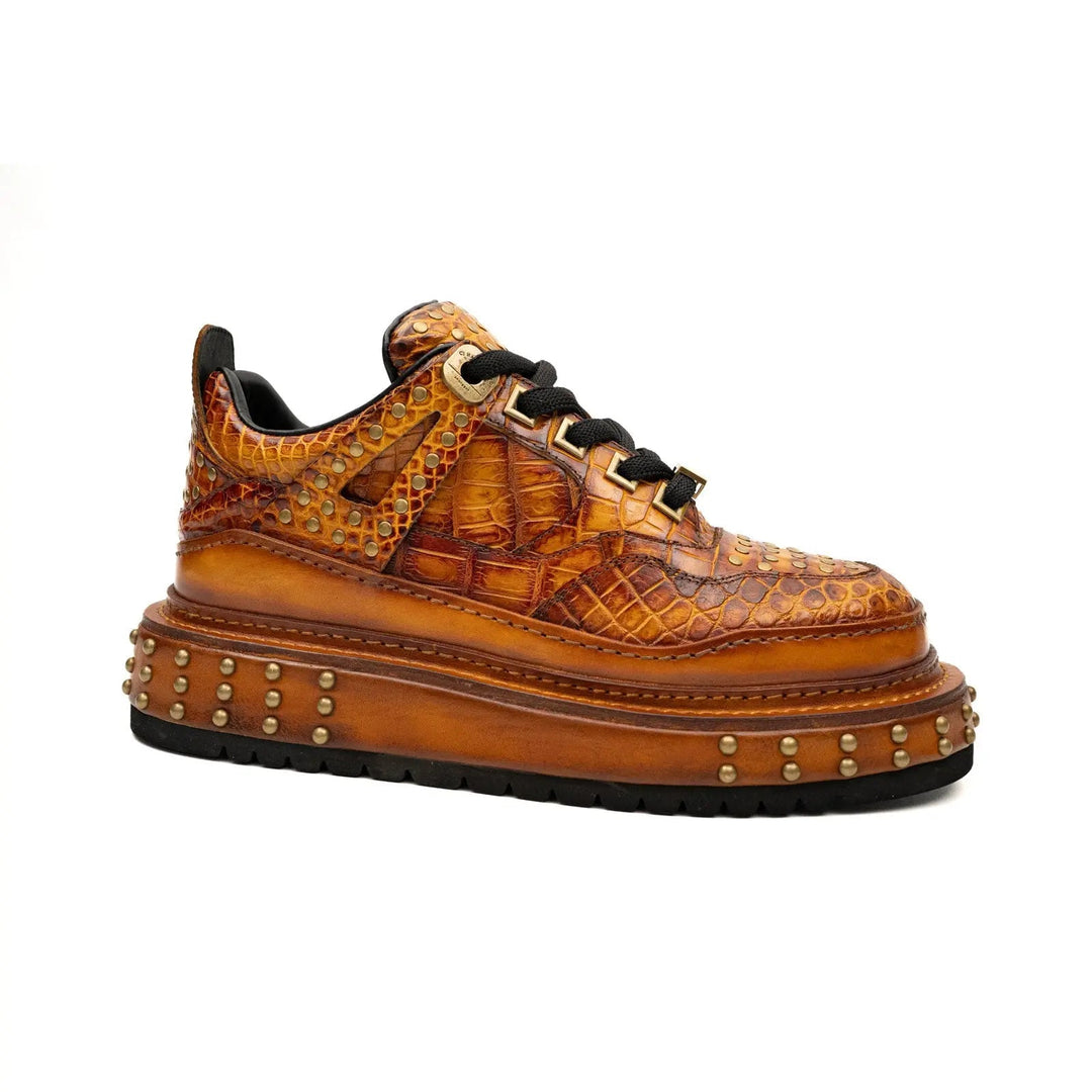 Orange Studded Crocodile Leather Sneakers