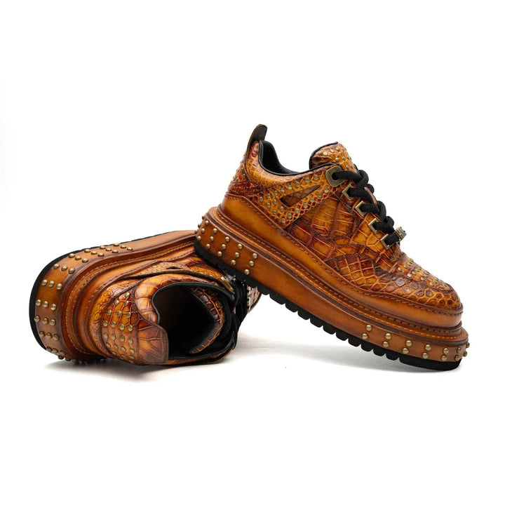 Orange Studded Crocodile Leather Sneakers
