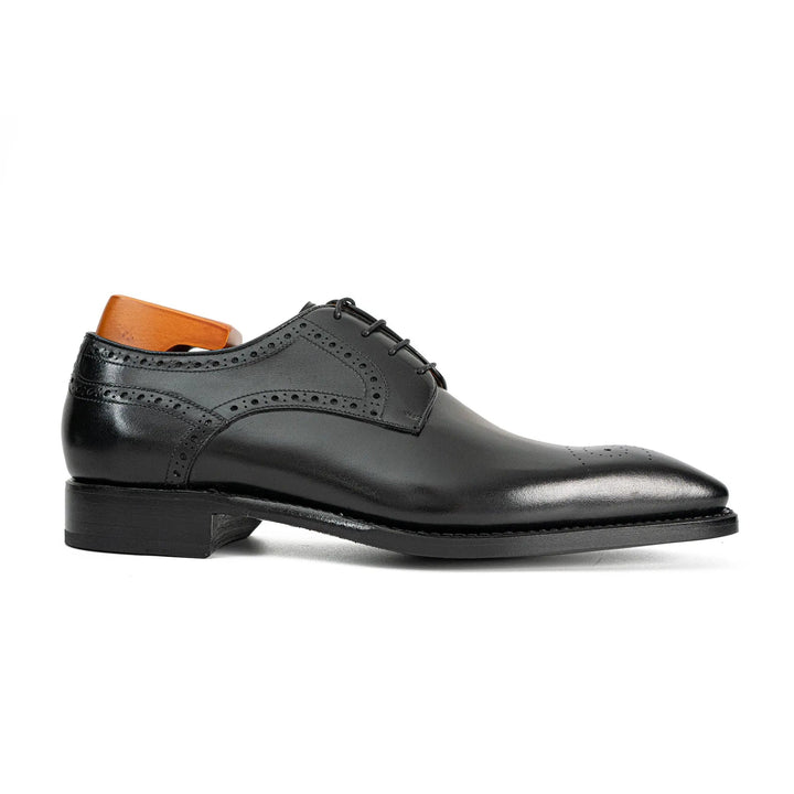 Goodyear Welted Patent Leather Oxford Shoes by DV DIVINCH, black calfskin leather, side view with brogue detailing.