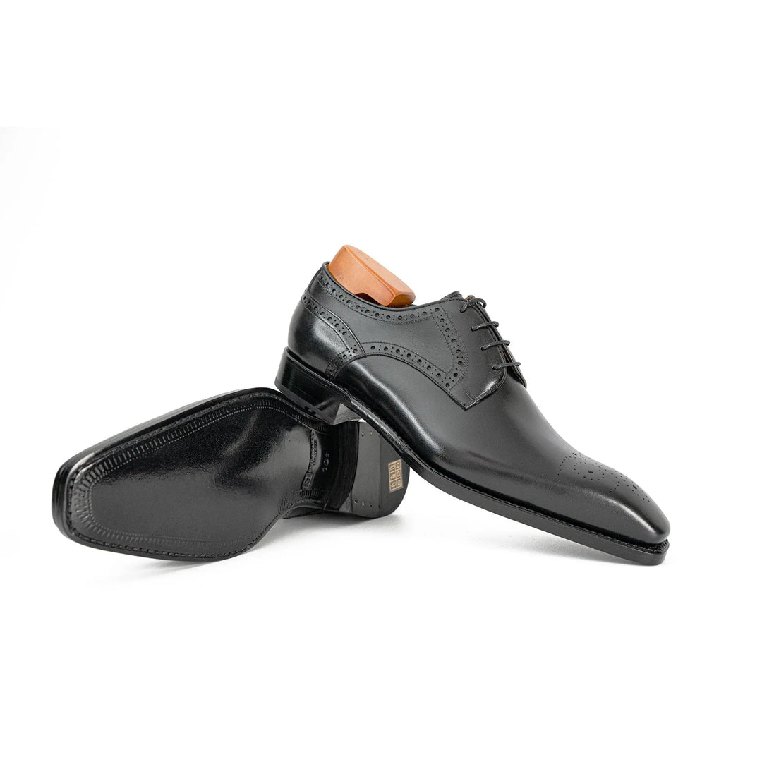 Goodyear Welted Patent Leather Oxford Shoes by DV DIVINCH, black calfskin, brogue detailing, side view.