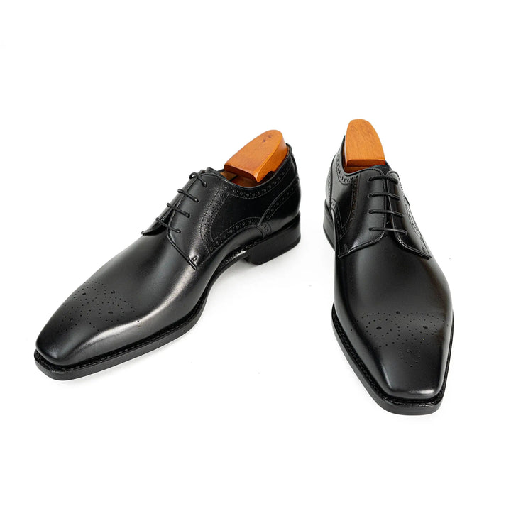 Goodyear Welted Patent Leather Oxford Shoes by DV DIVINCH, handcrafted black calfskin leather with brogue detailing.