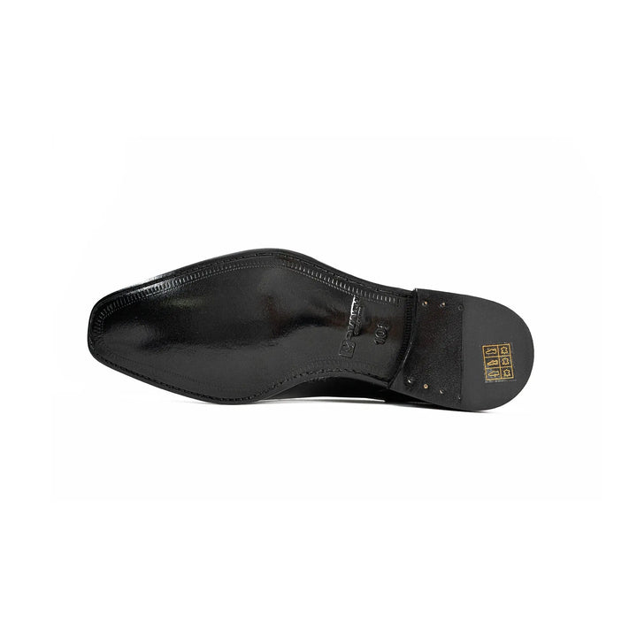 Goodyear Welted Patent Leather Oxford Shoes bottom view, DV DIVINCH, handcrafted black calfskin sole design.