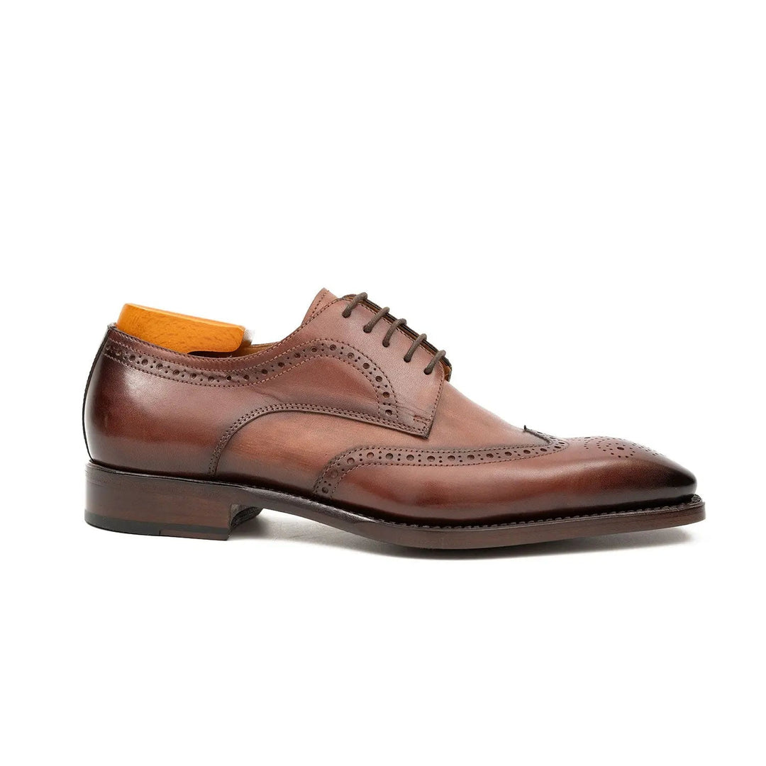 Brown Goodyear welt derby shoes Brogue style with detailed perforations, handcrafted calfskin leather, DV DIVINCH men&