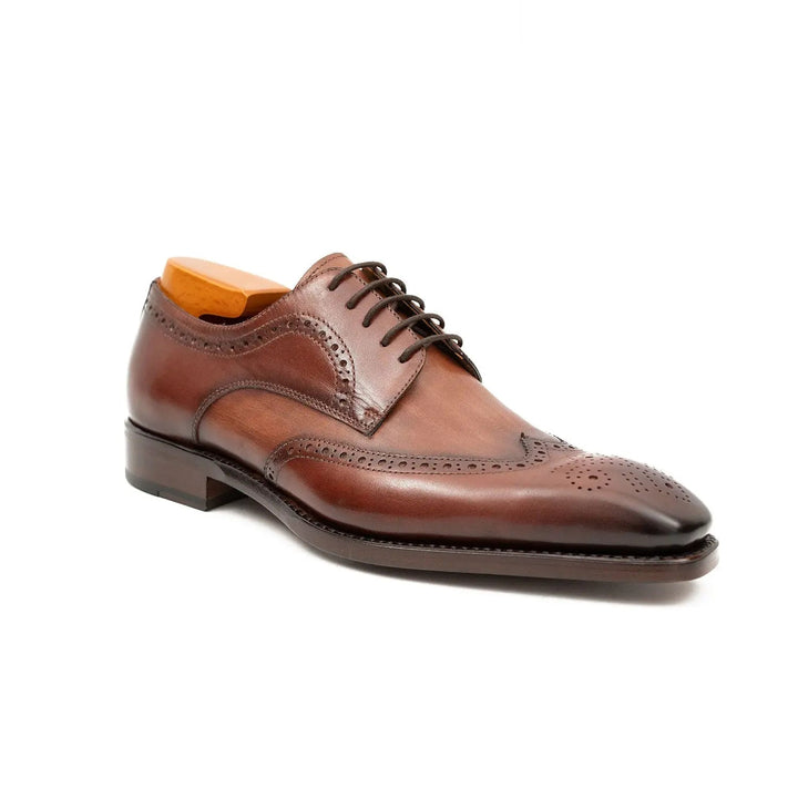 Goodyear welt derby shoes Brogue style Brown, handcrafted leather footwear, featuring detailed brogue pattern, side view.