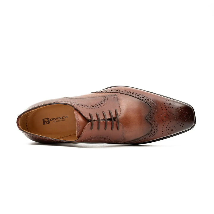 Goodyear welt derby shoes Brogue style Brown, DV DIVINCH men’s shoes, handcrafted leather, detailed upper design.