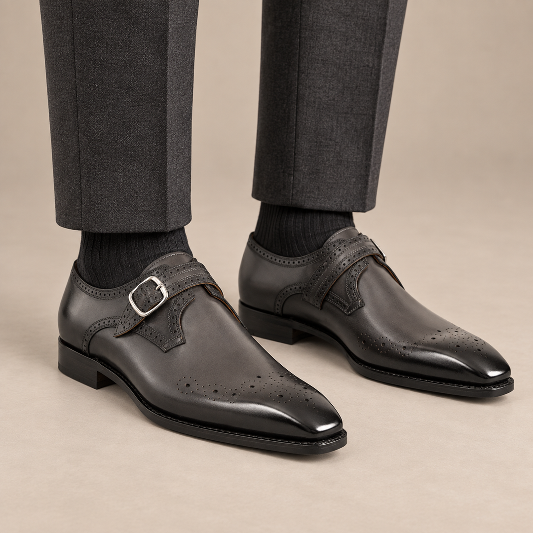 Gray Cow Leather Monk Shoes