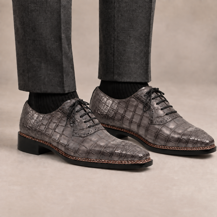 Gray Crocodile Leather Lace-Up Dress Shoes