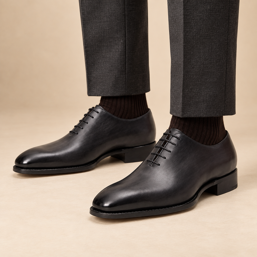 Gray Plain-Toe Cow Leather Oxford Shoes