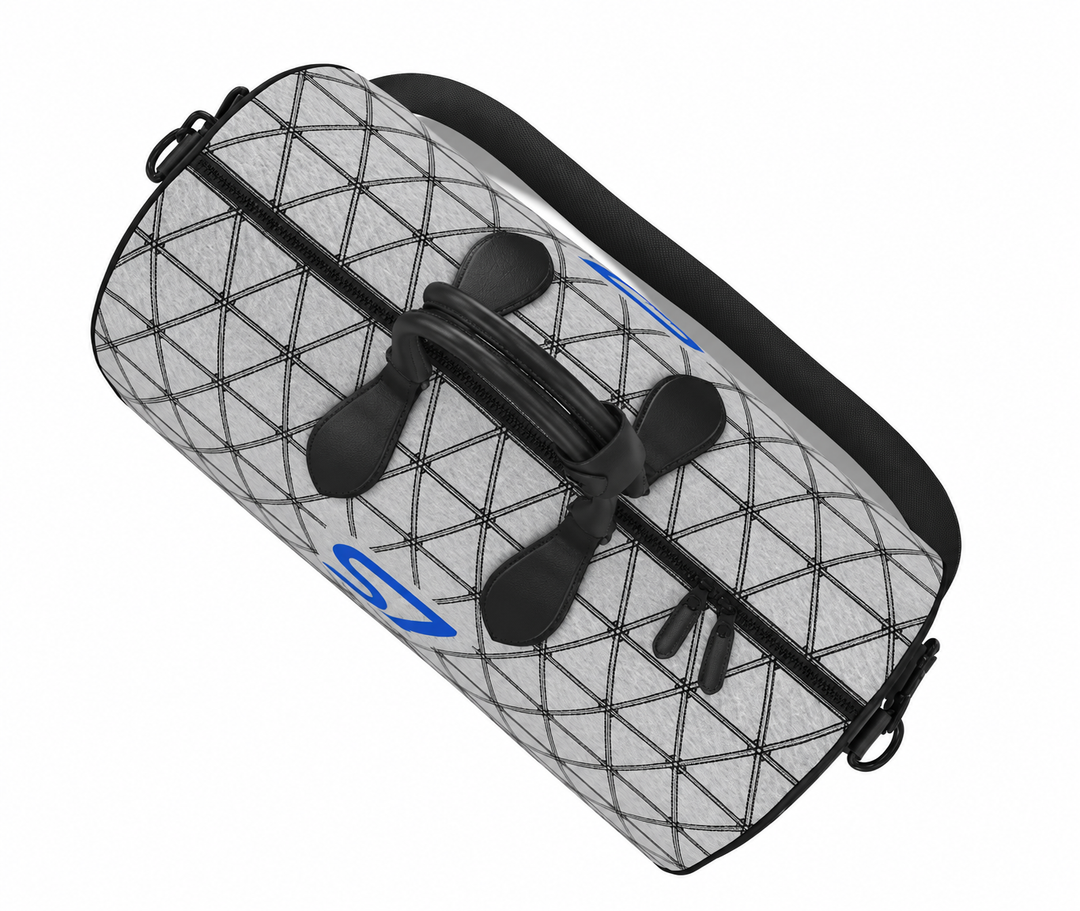 S7 PRISM duffle bag featuring black triangular lattice on a heather-gray background with a single cobalt-blue S7 logo.