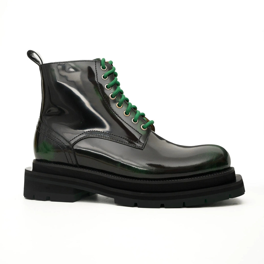 Black-Green Plain-Toe Cow Leather Ankle Boots