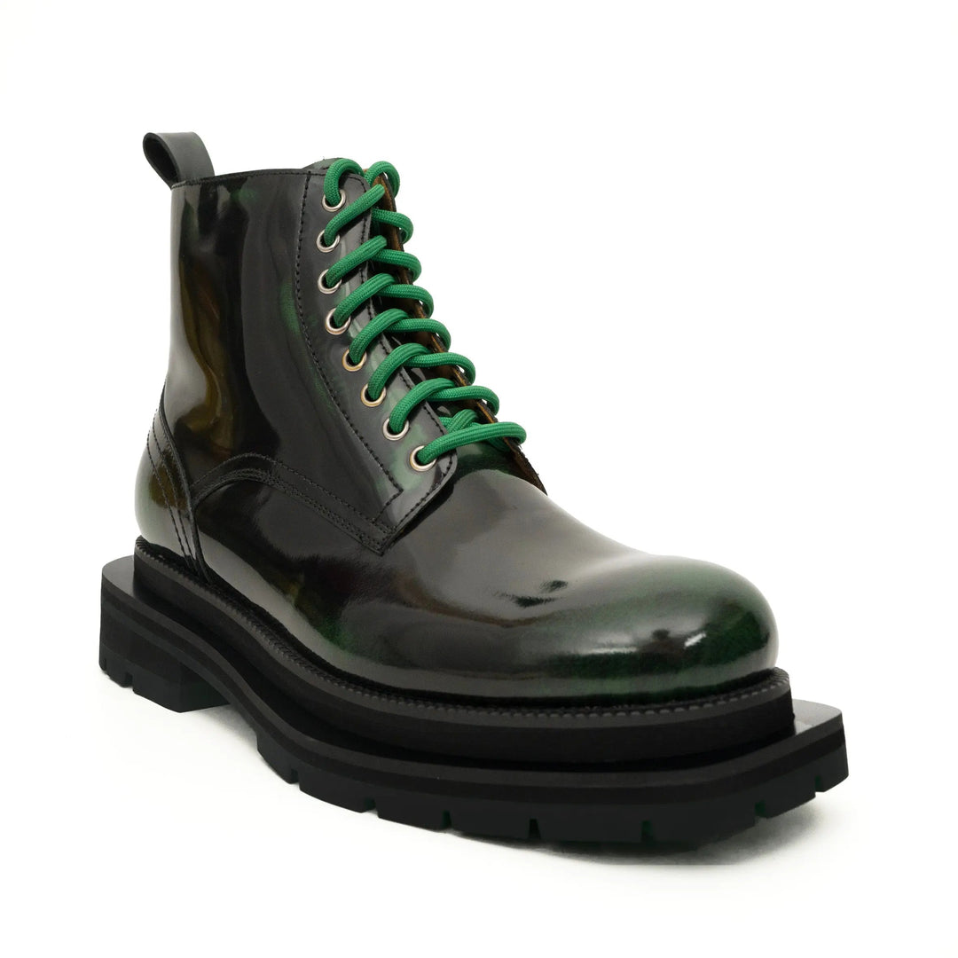 Black-Green Plain-Toe Cow Leather Ankle Boots