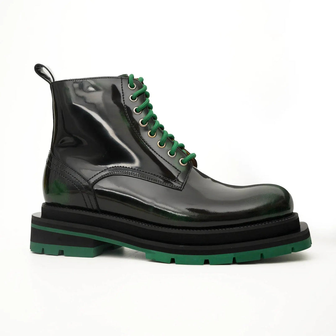Black-Green Plain-Toe Cow Leather Ankle Boots