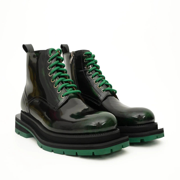 Black-Green Plain-Toe Cow Leather Ankle Boots