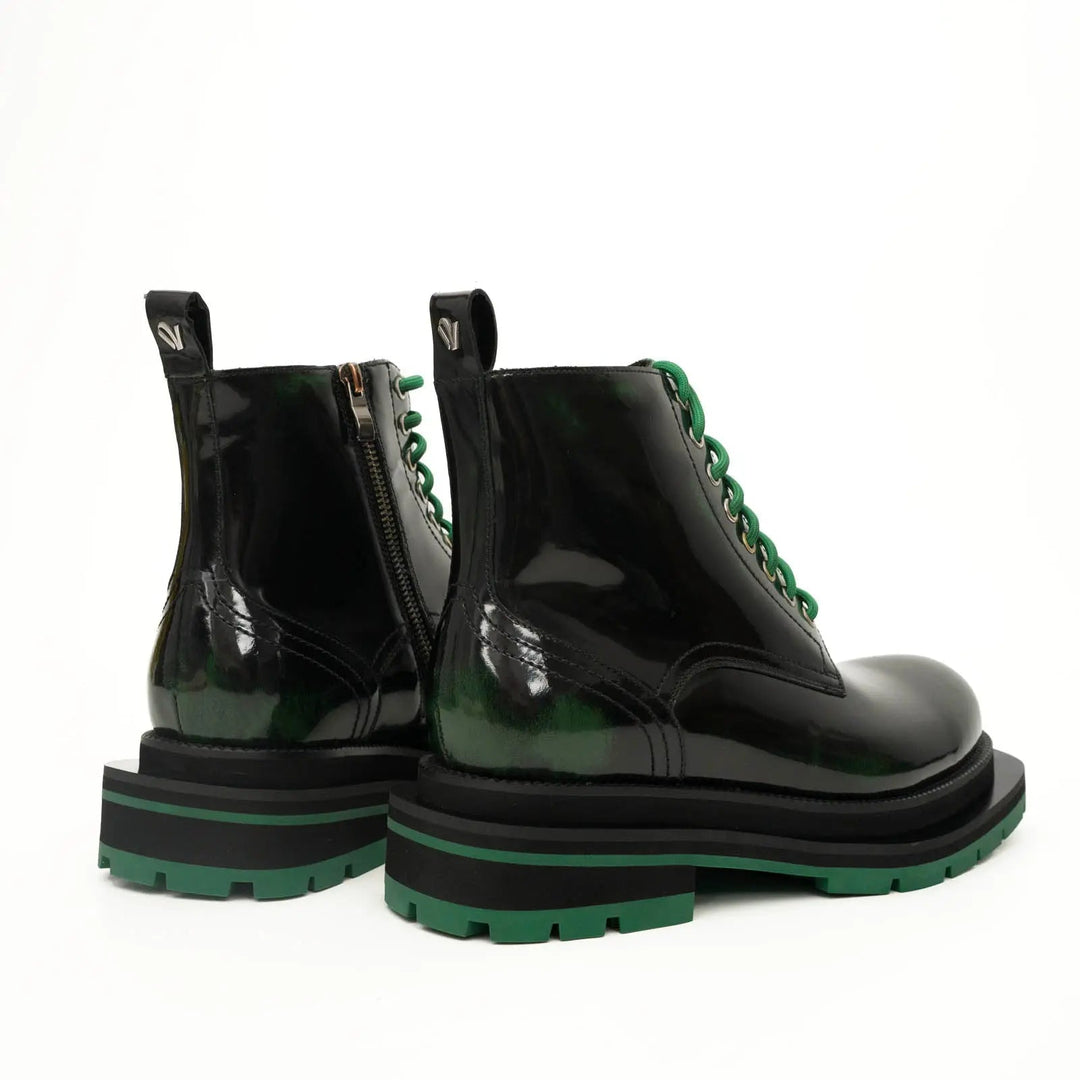 Black-Green Plain-Toe Cow Leather Ankle Boots